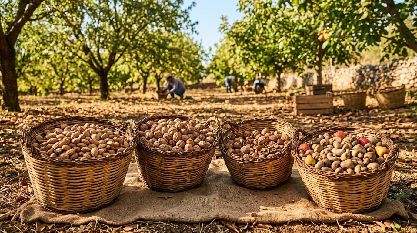 Harvested orchard nuts displayed in baskets